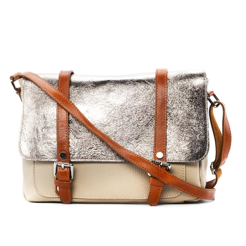 Sac bandoulière en cuir grainé et irisé BONIFACIO Taupe clair