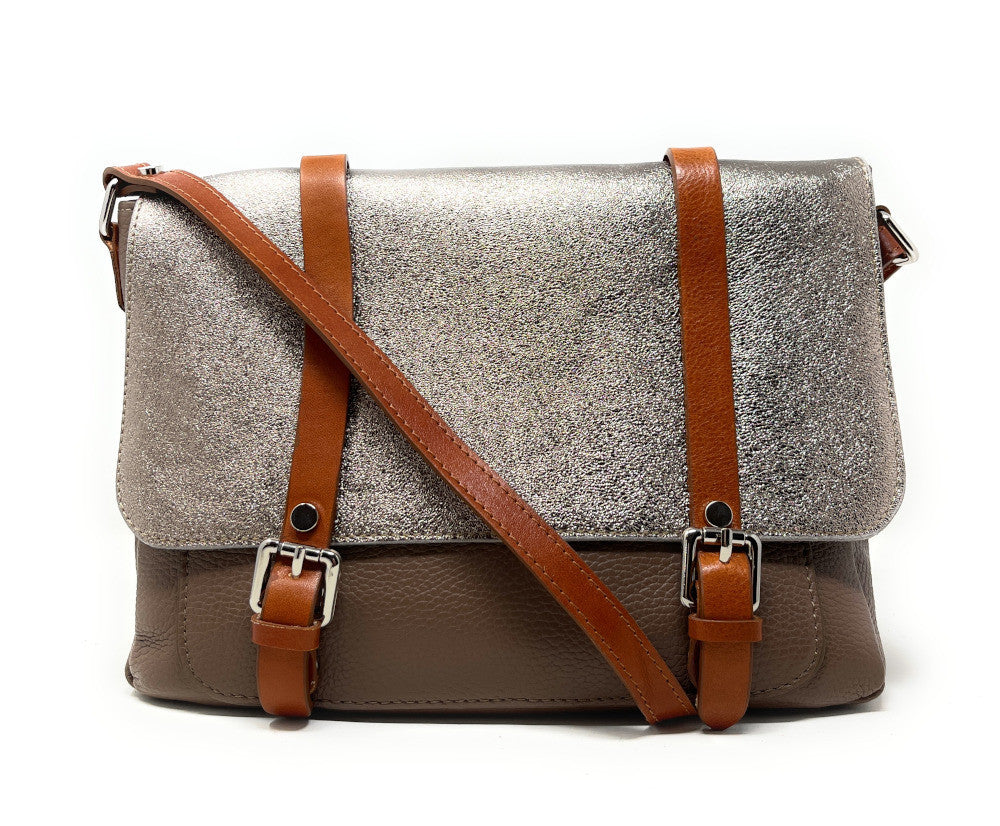 Sac bandoulière en cuir grainé et irisé BONIFACIO Taupe foncé
