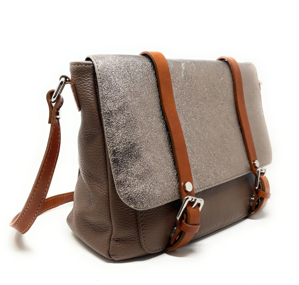 Sac bandoulière en cuir grainé et irisé BONIFACIO Taupe foncé