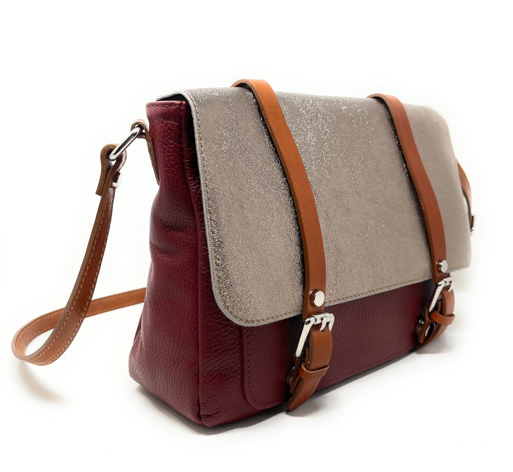 Sac bandoulière en cuir grainé et irisé BONIFACIO Rouge foncé