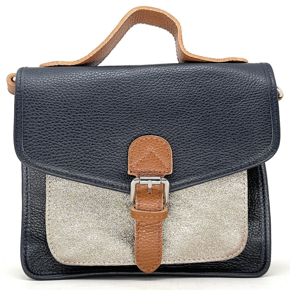 Sac cartable à bandoulière en cuir grainé et cuir irisé CORTE Bleu marine