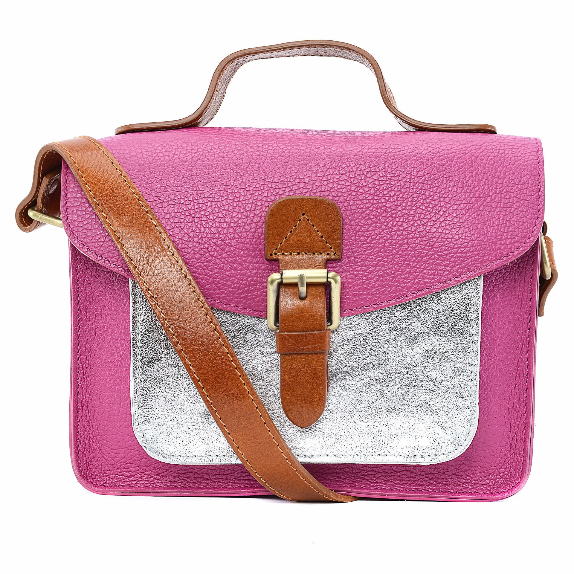 Sac cartable à bandoulière en cuir grainé et cuir irisé CORTE Rose fuchsia