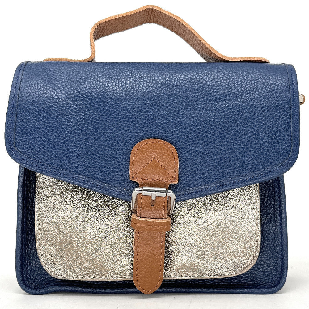 Sac cartable à bandoulière en cuir grainé et cuir irisé CORTE Bleu