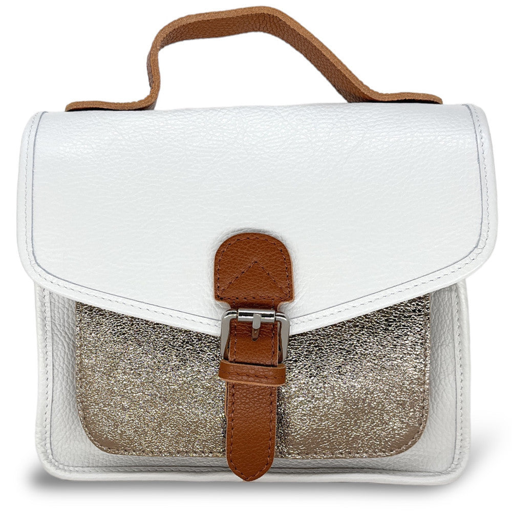 Sac cartable à bandoulière en cuir grainé et cuir irisé CORTE Blanc