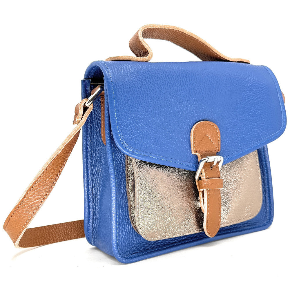Sac cartable à bandoulière en cuir grainé et cuir irisé CORTE Bleu roi