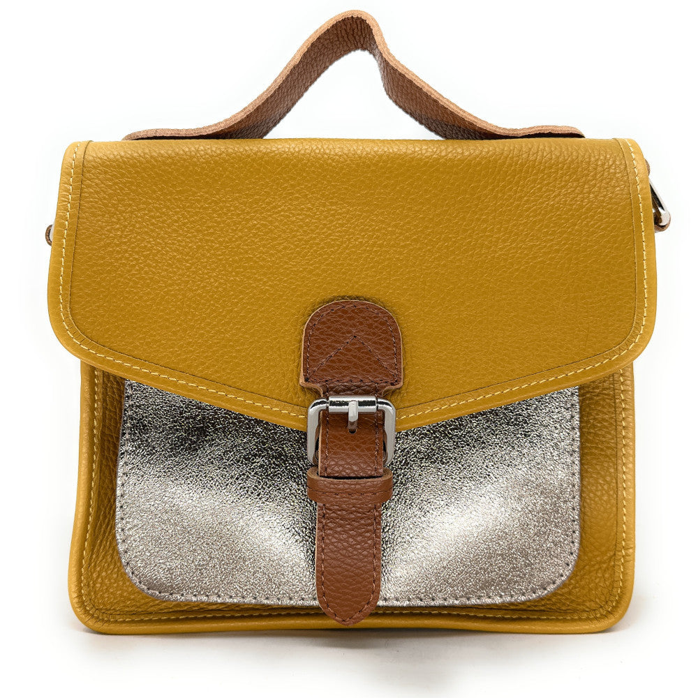 Sac cartable à bandoulière en cuir grainé et cuir irisé CORTE Jaune Moutarde