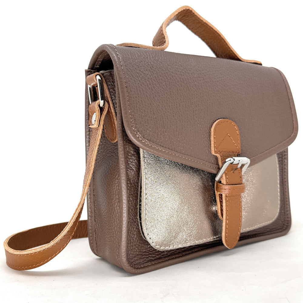 Sac cartable à bandoulière en cuir grainé et cuir irisé CORTE Taupe foncé