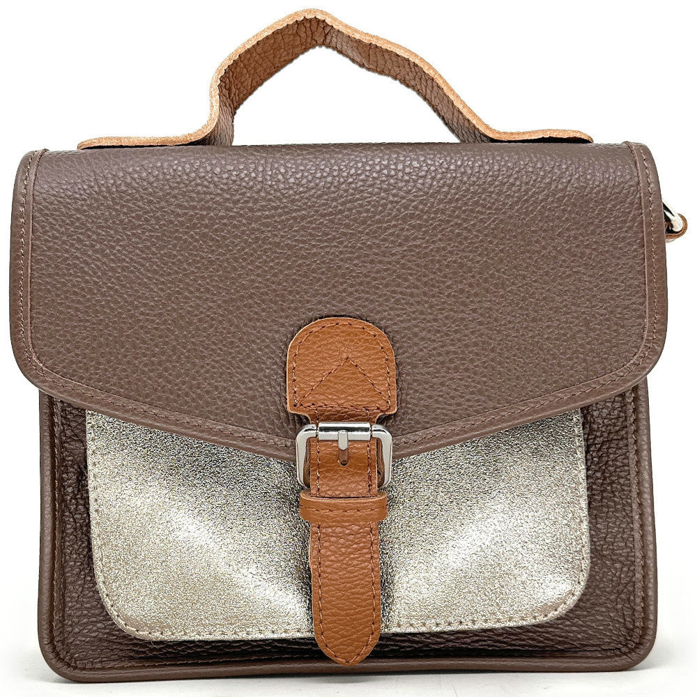 Sac cartable à bandoulière en cuir grainé et cuir irisé CORTE Taupe foncé