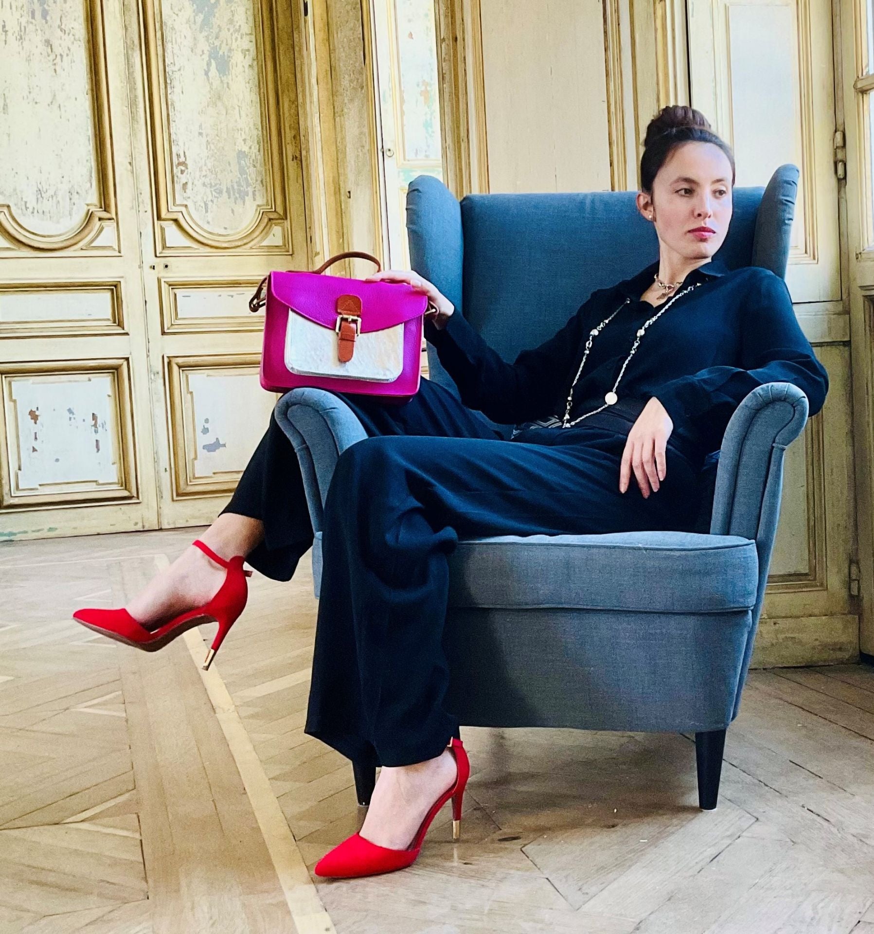 Sac cartable à bandoulière en cuir grainé et cuir irisé CORTE Rose fuchsia