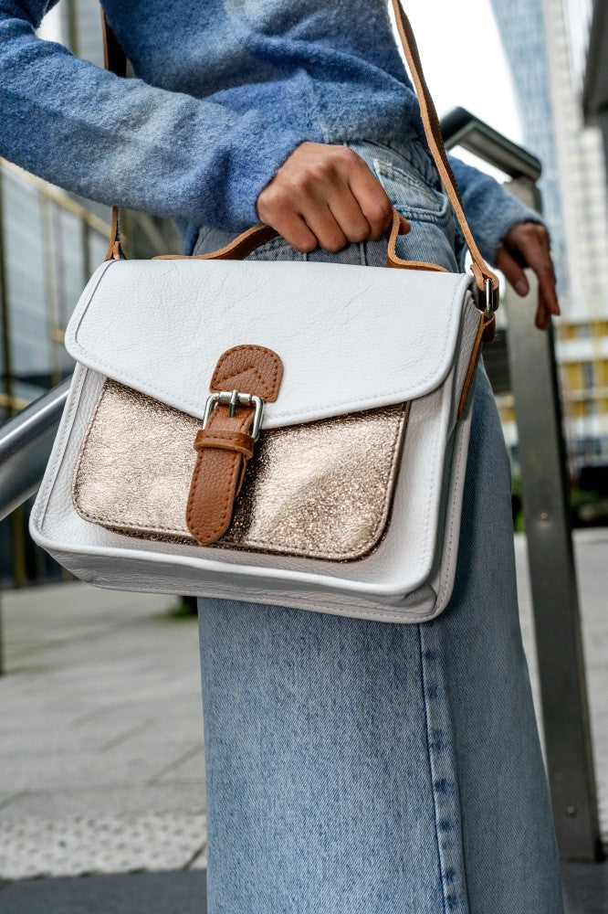 Sac cartable à bandoulière en cuir grainé et cuir irisé CORTE Blanc
