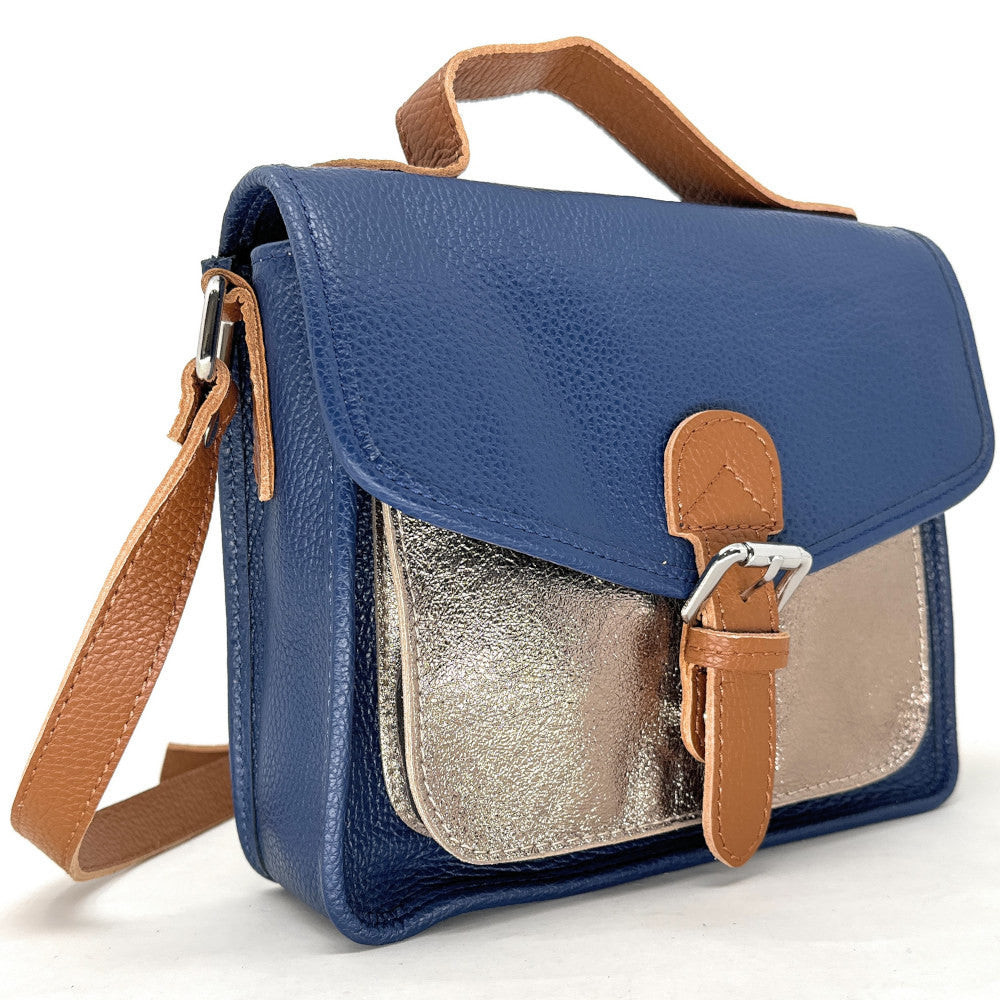 Sac cartable à bandoulière en cuir grainé et cuir irisé CORTE Bleu