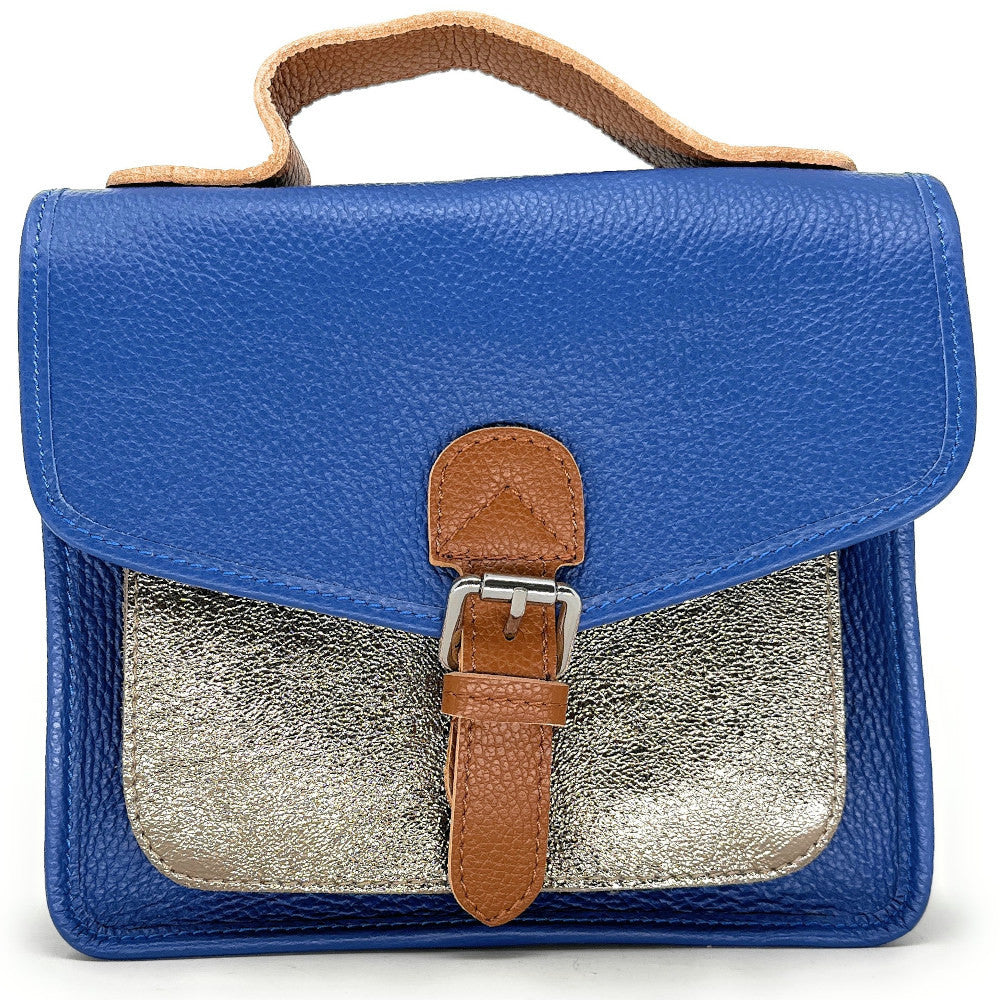Sac cartable à bandoulière en cuir grainé et cuir irisé CORTE Bleu roi
