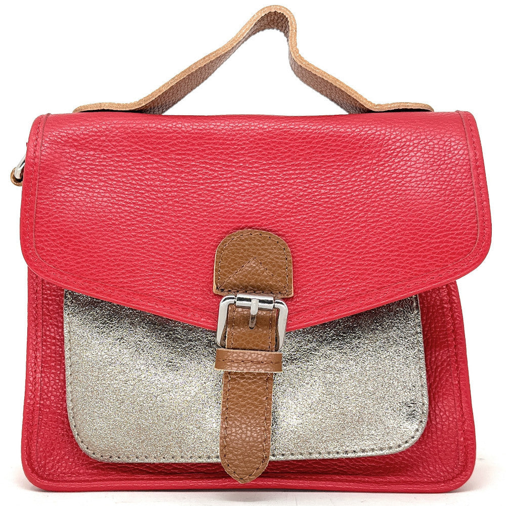 Sac cartable à bandoulière en cuir grainé et cuir irisé CORTE Rouge garance