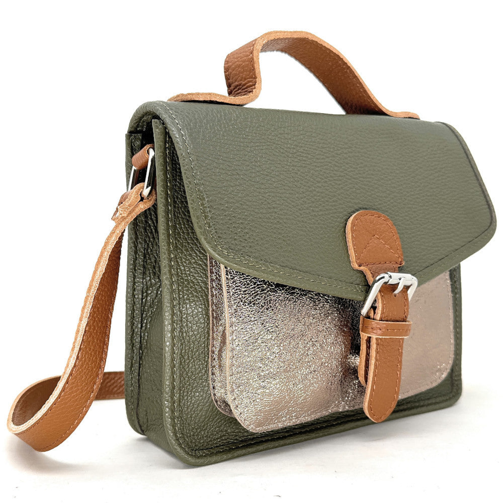 Sac cartable à bandoulière en cuir grainé et cuir irisé CORTE Kaki