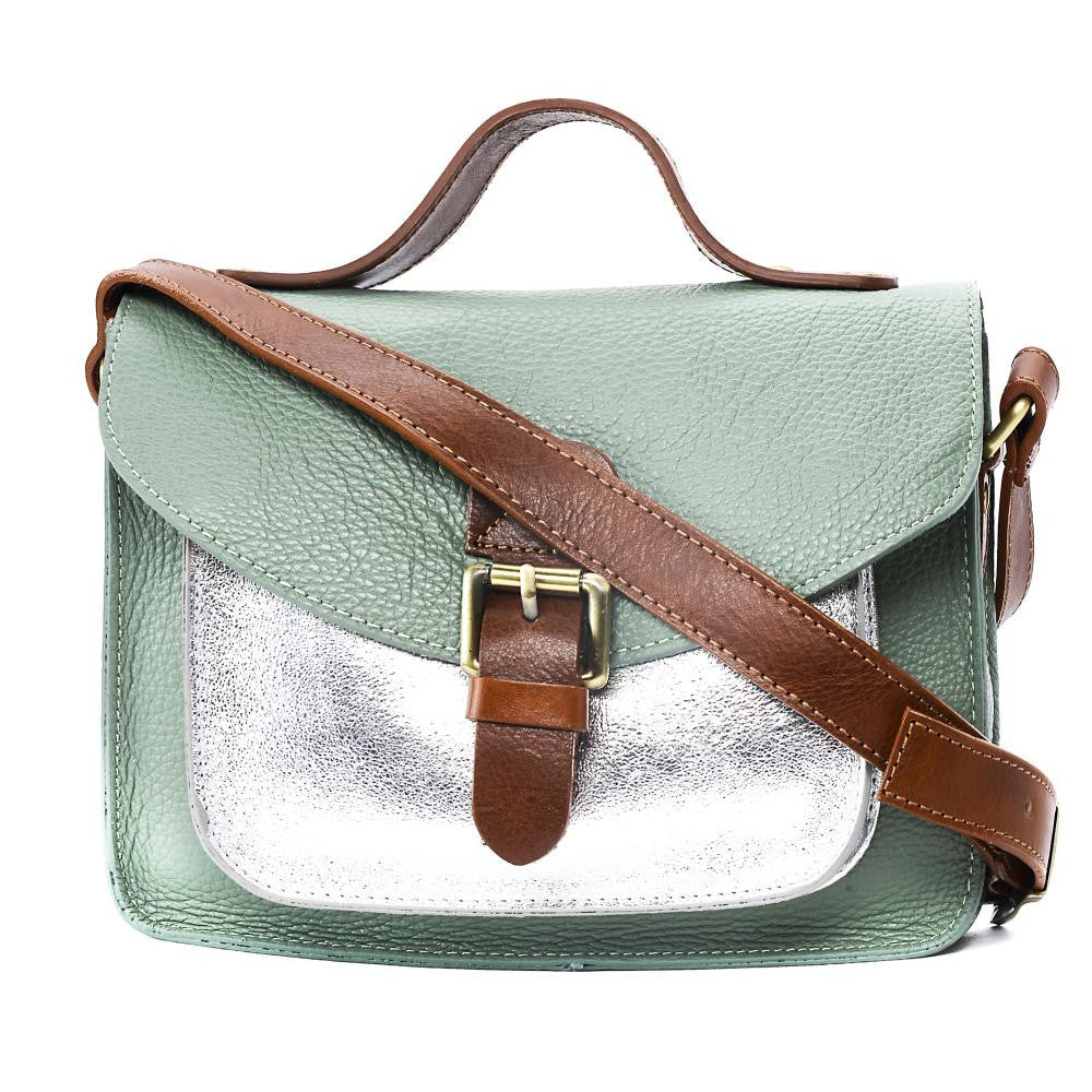 Sac cartable à bandoulière en cuir grainé et cuir irisé CORTE Vert pastel