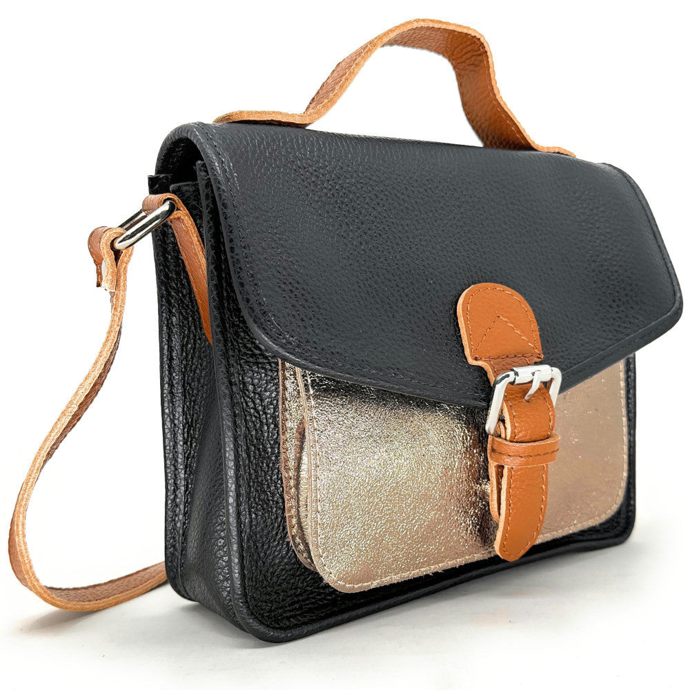 Sac cartable à bandoulière en cuir grainé et cuir irisé CORTE Noir