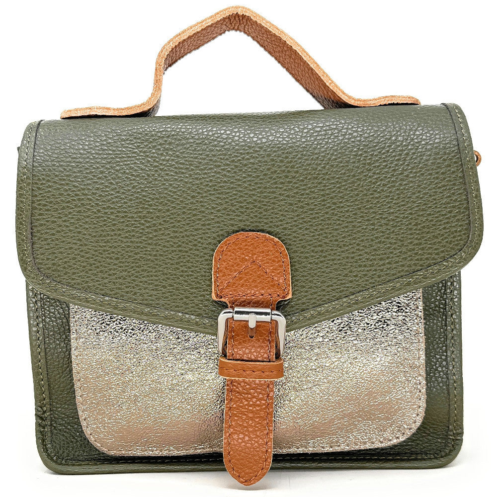 Sac cartable à bandoulière en cuir grainé et cuir irisé CORTE Kaki