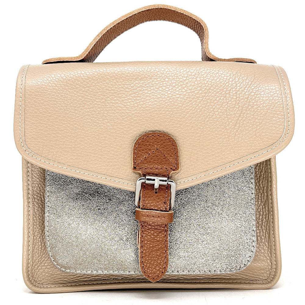 Sac cartable à bandoulière en cuir grainé et cuir irisé CORTE Taupe clair