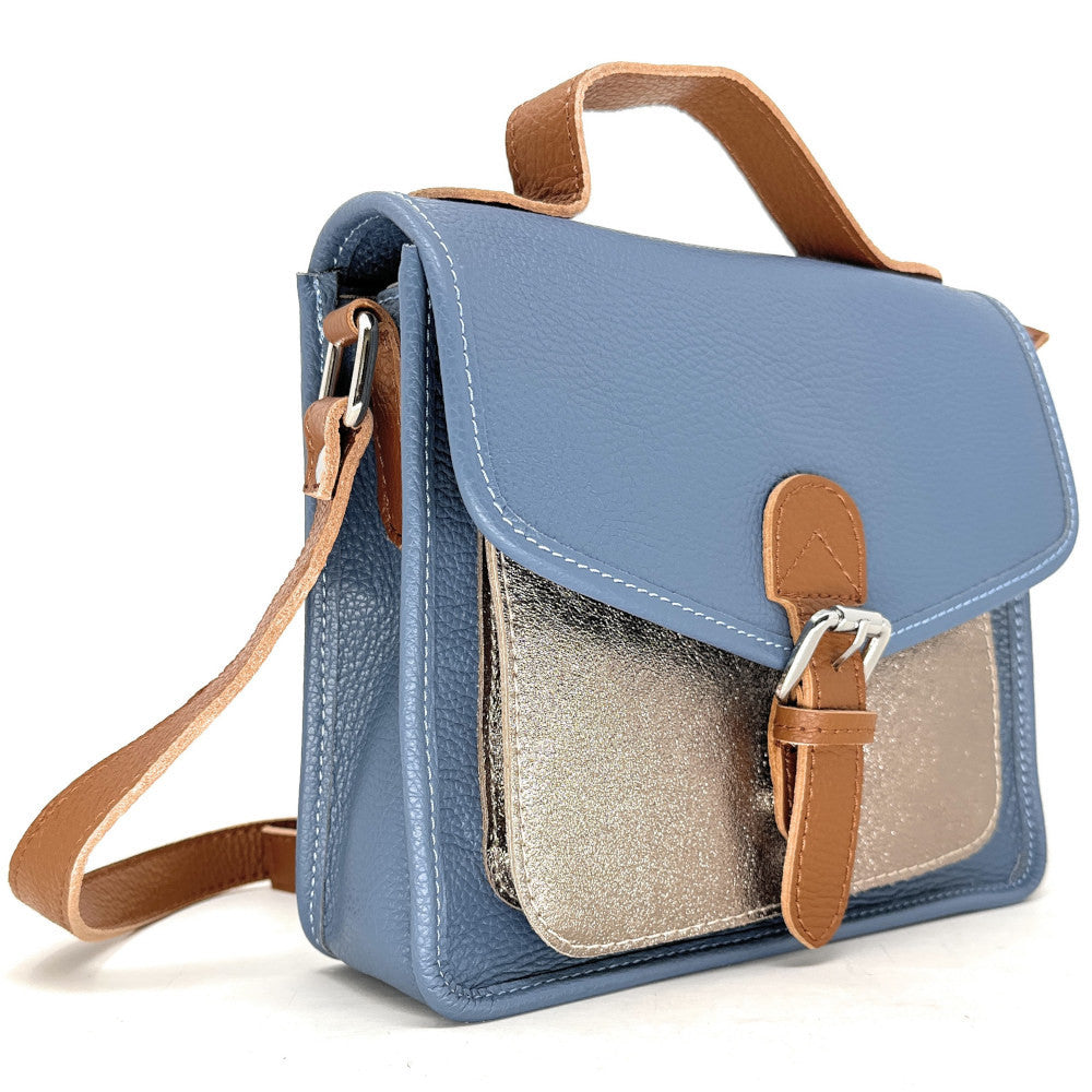 Sac cartable à bandoulière en cuir grainé et cuir irisé CORTE Bleu glacier
