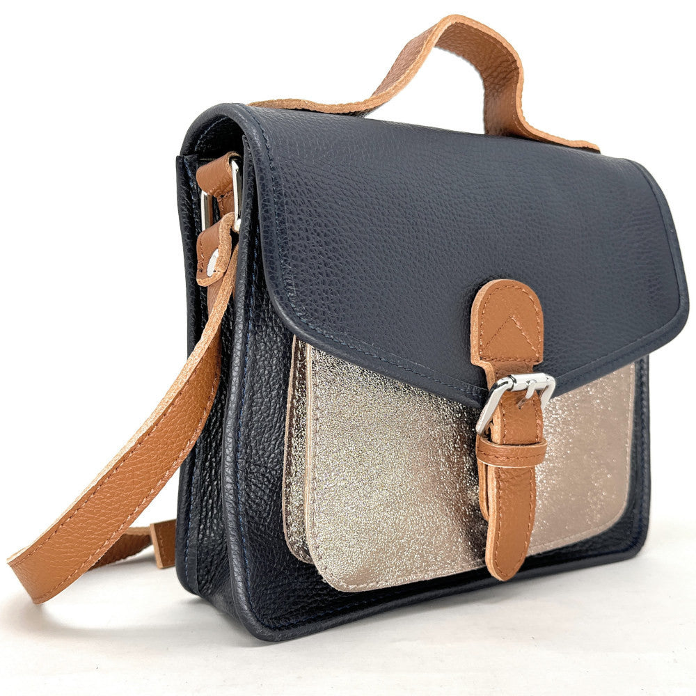 Sac cartable à bandoulière en cuir grainé et cuir irisé CORTE Bleu marine
