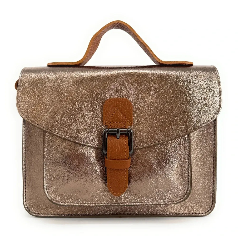 Sac cartable à bandoulière en cuir grainé et cuir irisé CORTE Champagne irisé