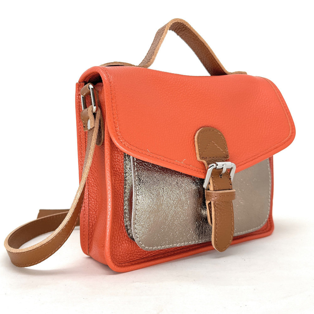 Sac cartable à bandoulière en cuir grainé et cuir irisé CORTE Mandarine