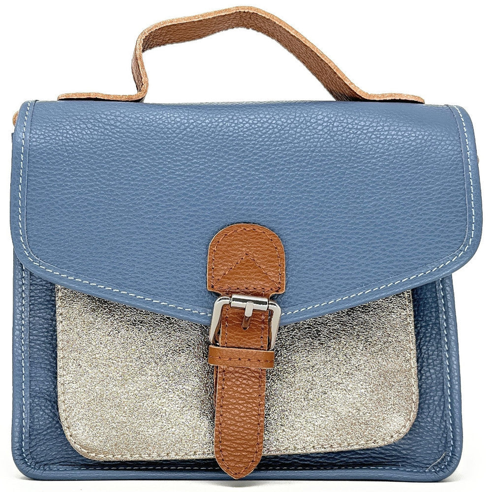 Sac cartable à bandoulière en cuir grainé et cuir irisé CORTE Bleu glacier