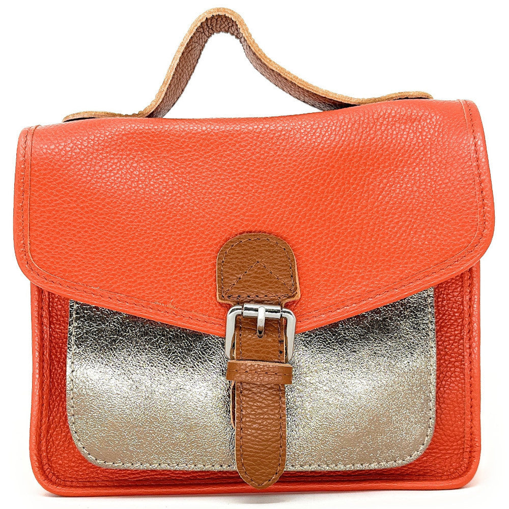 Sac cartable à bandoulière en cuir grainé et cuir irisé CORTE Mandarine