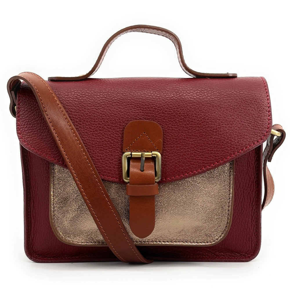 Sac cartable à bandoulière en cuir grainé et cuir irisé CORTE Rouge foncé