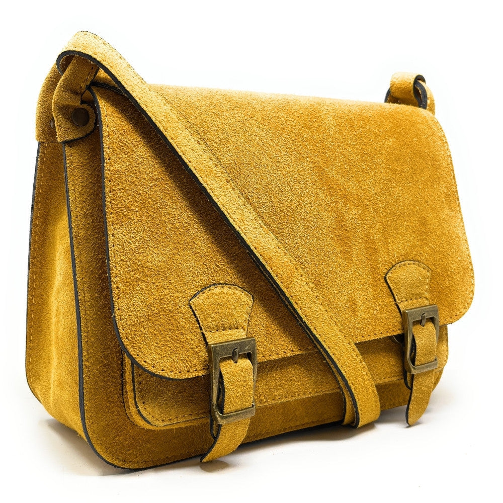 Sac cartable en croûte de cuir KENT Jaune Moutarde
