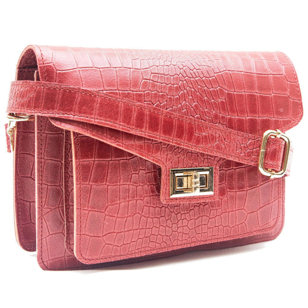 Sac bandoulière en cuir façon croco MONROE Rouge foncé