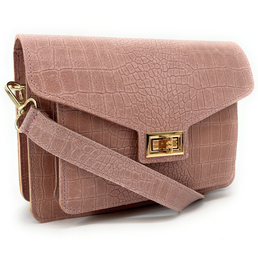 Sac bandoulière en cuir façon croco MONROE Rose nude