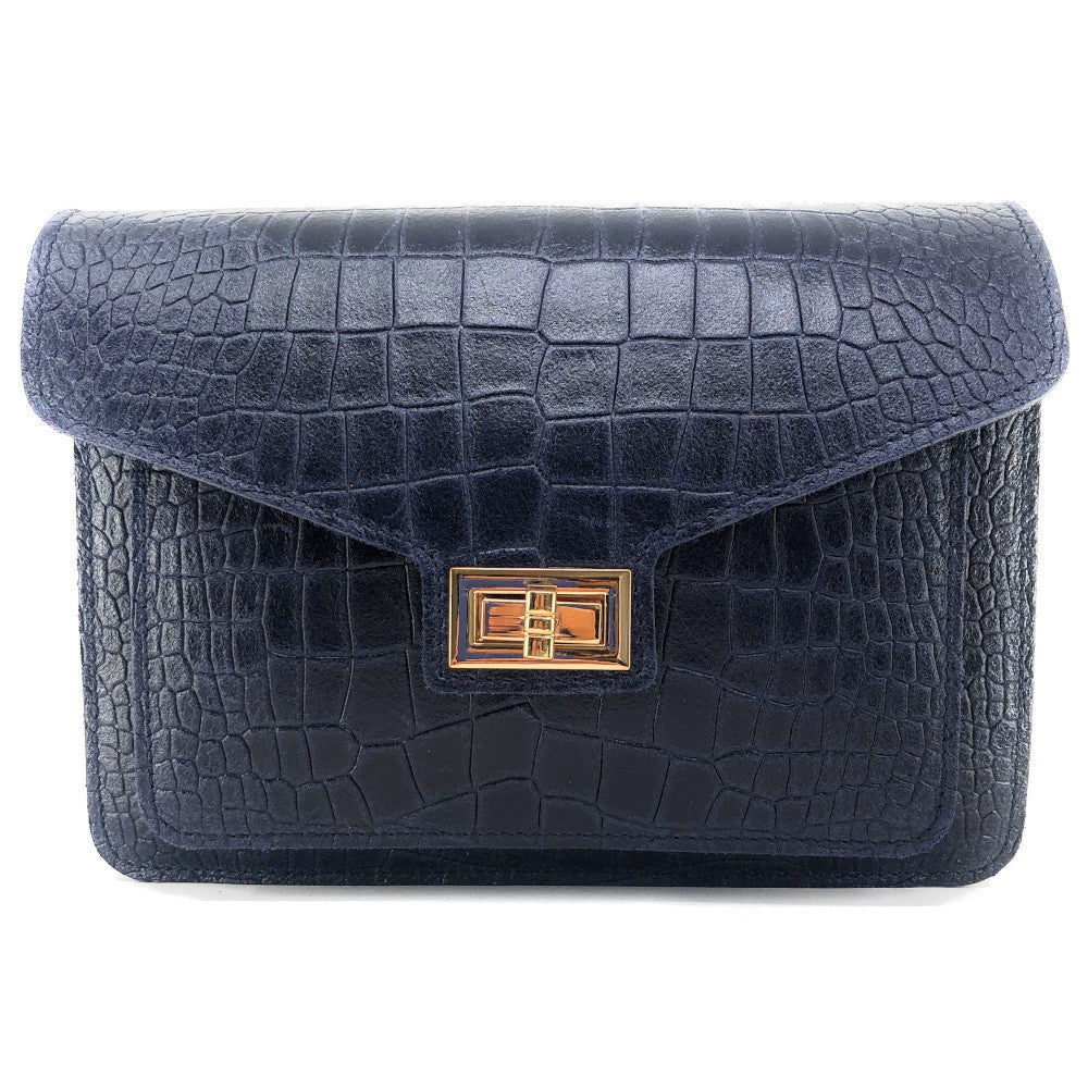 Sac bandoulière en cuir façon croco MONROE Bleu marine