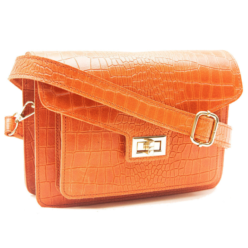 Sac bandoulière en cuir façon croco MONROE Mandarine