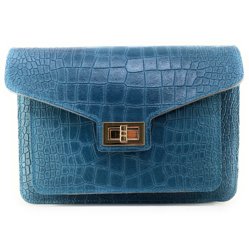 Sac bandoulière en cuir façon croco MONROE Bleu paon