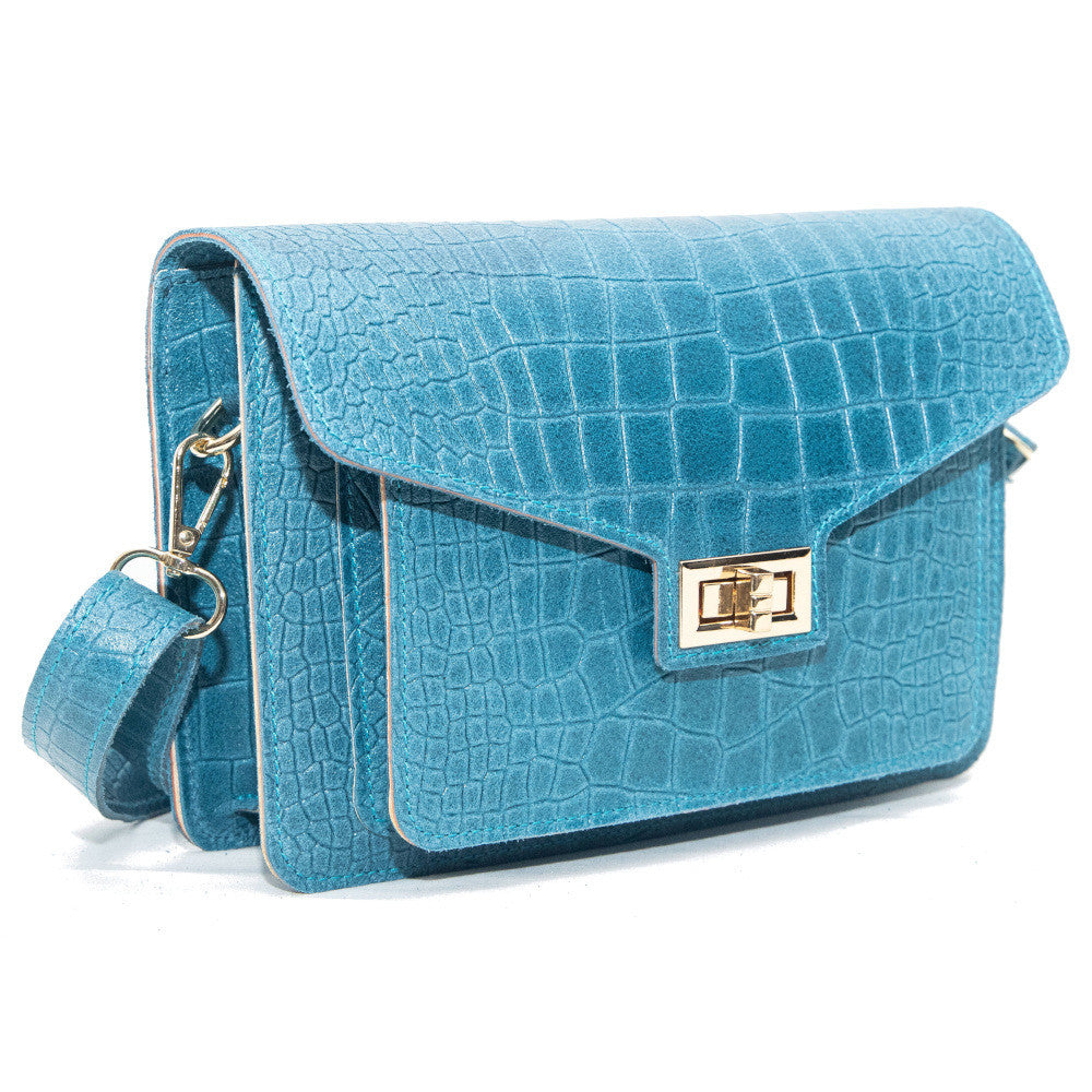 Sac bandoulière en cuir façon croco MONROE Bleu paon
