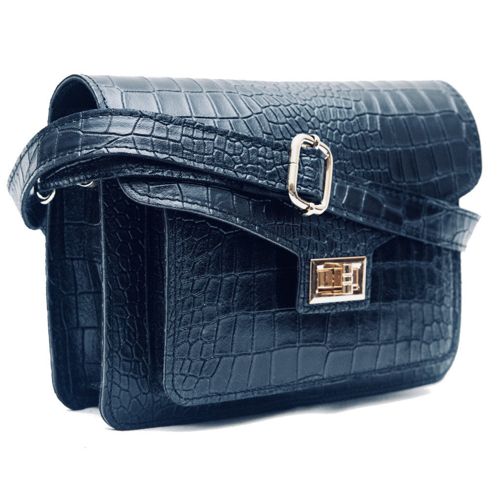 Sac bandoulière en cuir façon croco MONROE Bleu marine