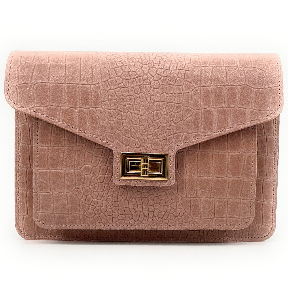 Sac bandoulière en cuir façon croco MONROE Rose nude