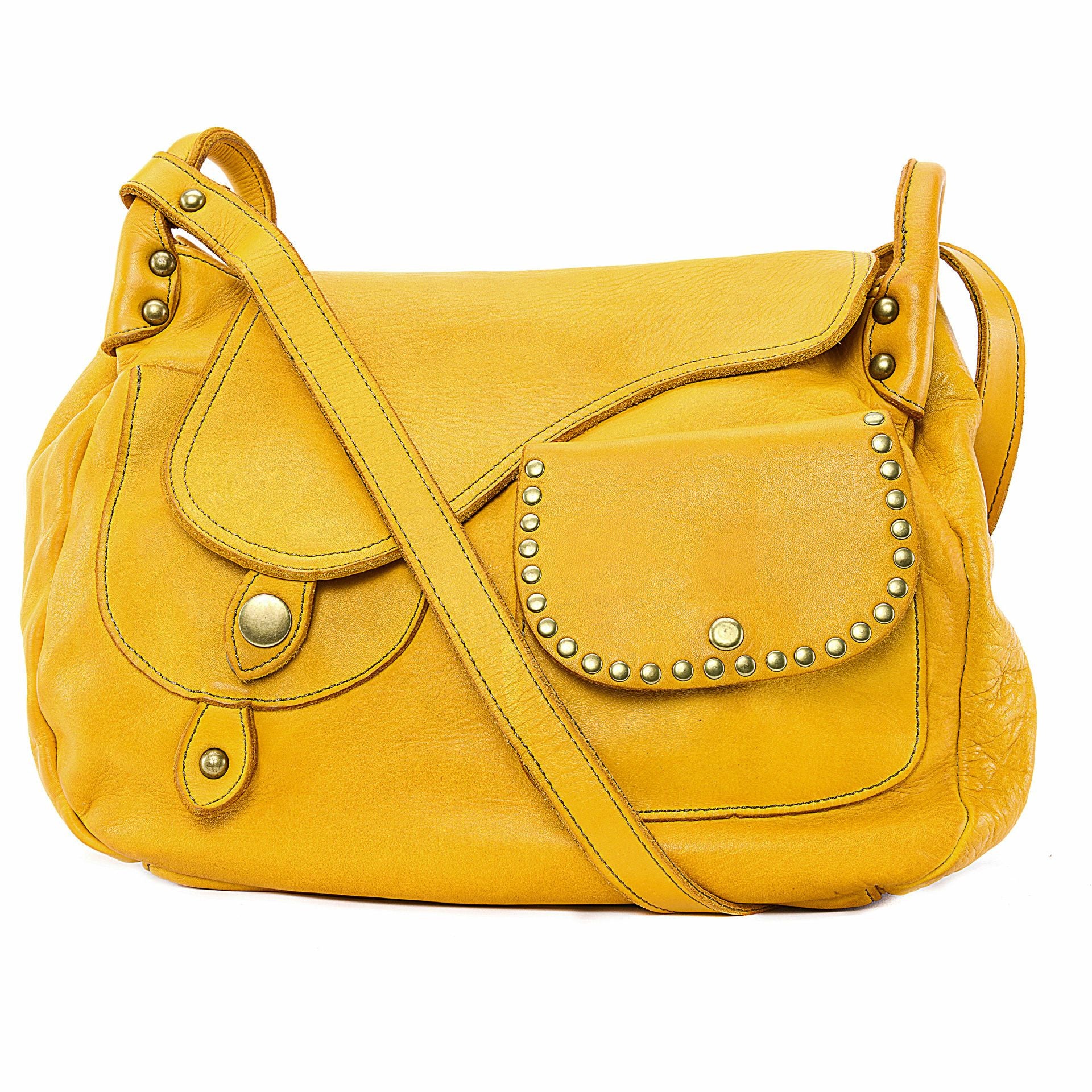 Sac besace à bandoulière en cuir vintage MISS CLYDE Jaune Moutarde