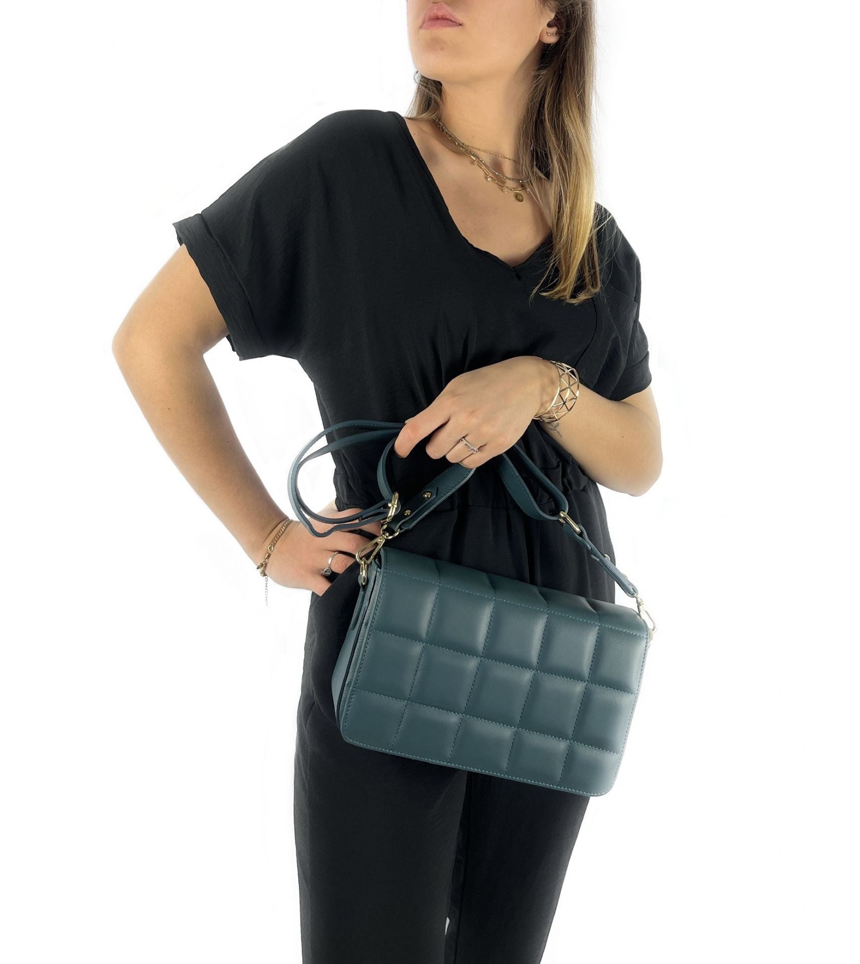 Sac french stick en cuir lisse matelassé TIME SQUARE Bleu vert canard