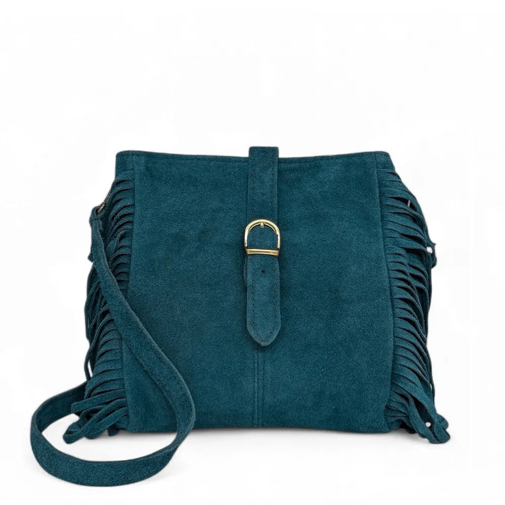 Sac bandoulière en croûte de cuir CHEYENNE Bleu vert canard