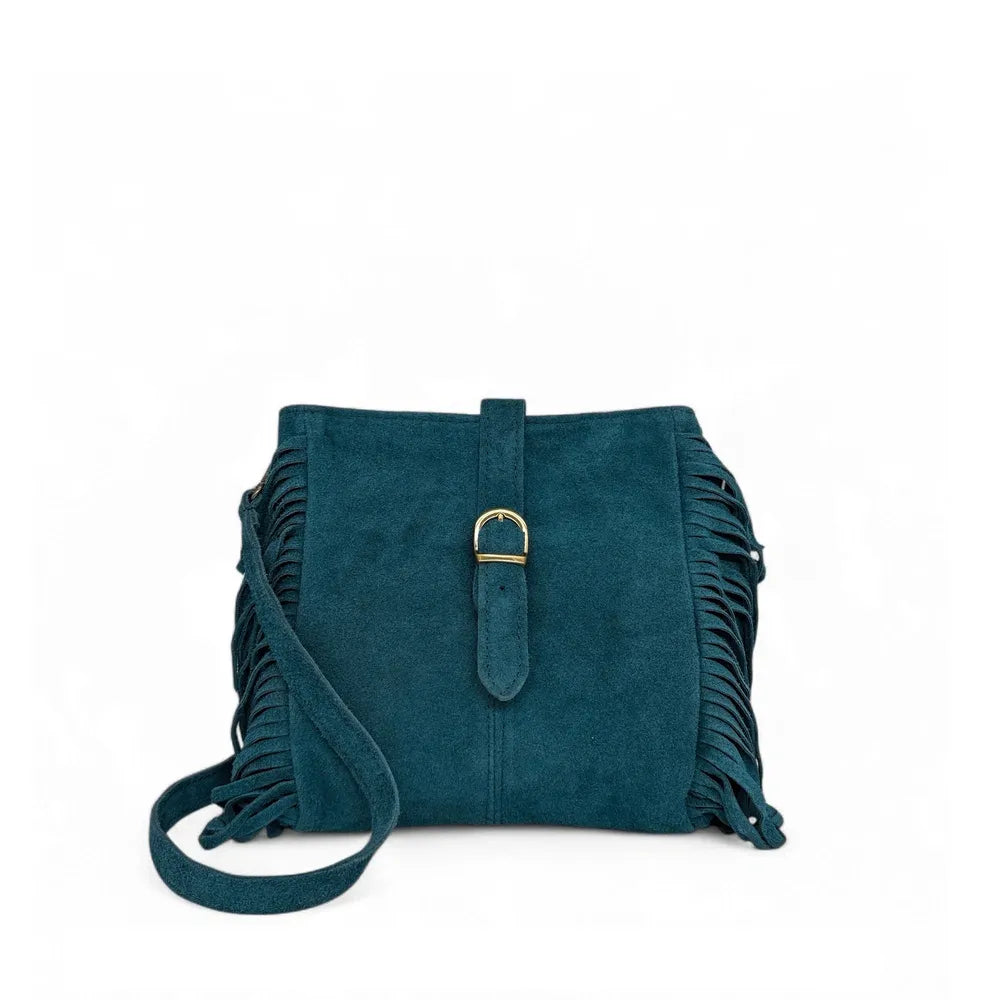 Sac bandoulière en croûte de cuir CHEYENNE Bleu vert canard