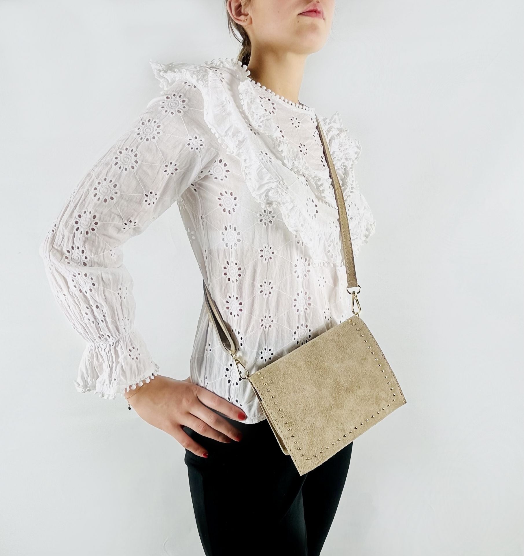 Sac bandoulière en croûte de cuir LITTLE ITALY Taupe clair