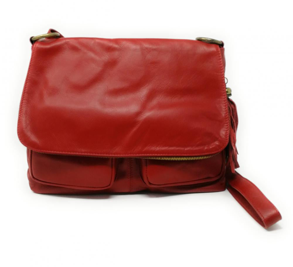 Sac bandoulière en cuir lisse AVRIL Rouge garance