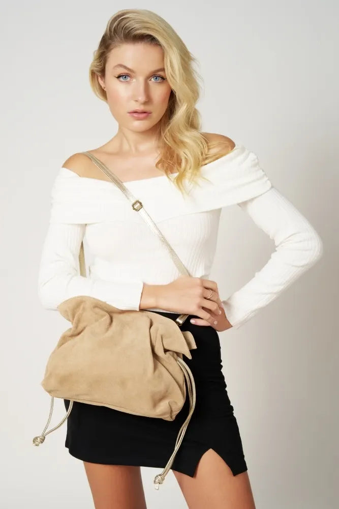 Sac bourse en croûte de cuir CHENOA Taupe clair