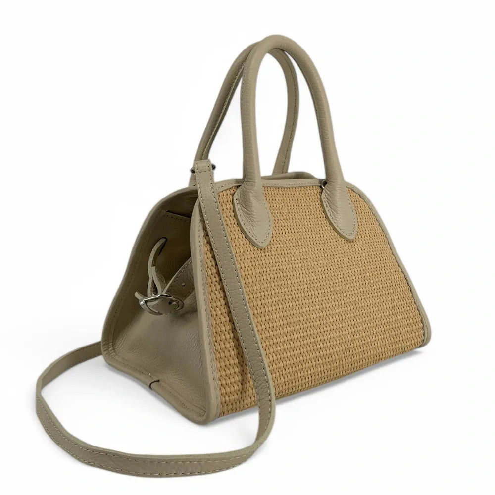 Sac bowling en cuir grainé et raphia VALENTINA Taupe clair