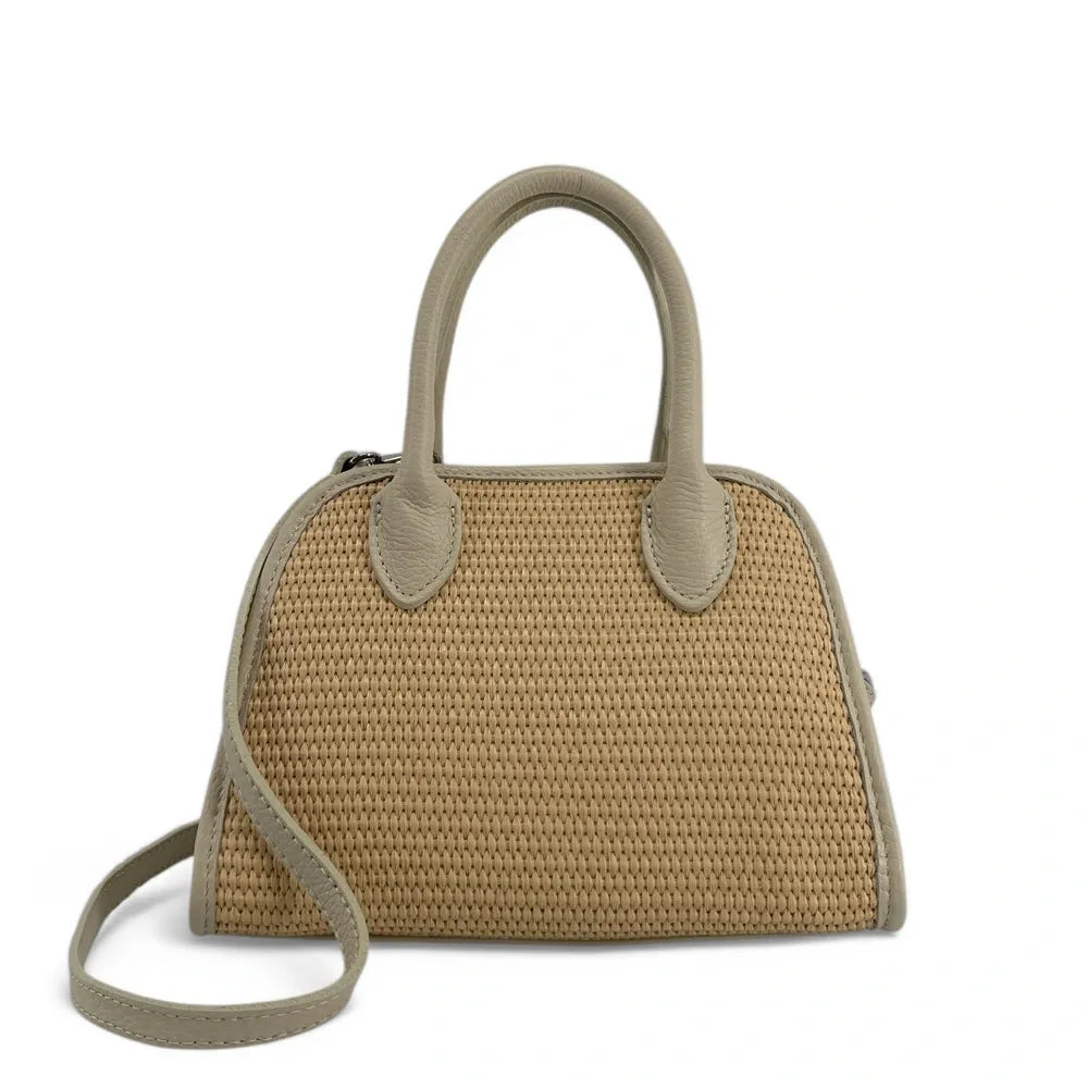 Sac bowling en cuir grainé et raphia VALENTINA Taupe clair