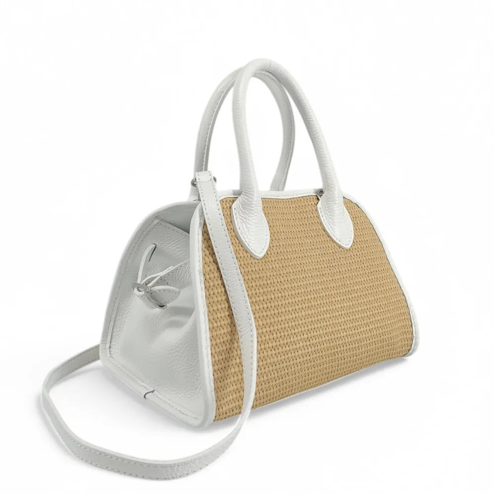 Sac bowling en cuir grainé et raphia VALENTINA Blanc