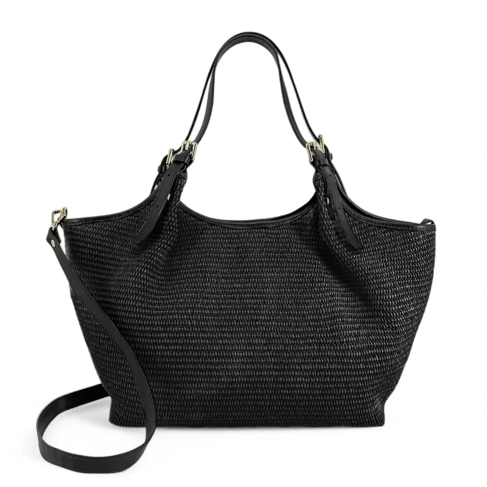 Sac cabas en cuir grainé et raphia IMPERIA Noir