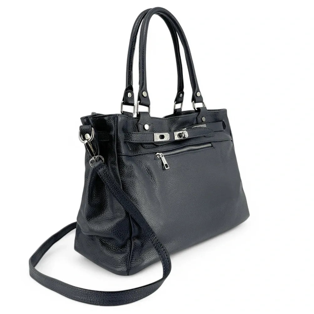 Sac cabas en cuir grainé JANET SILVER Bleu marine